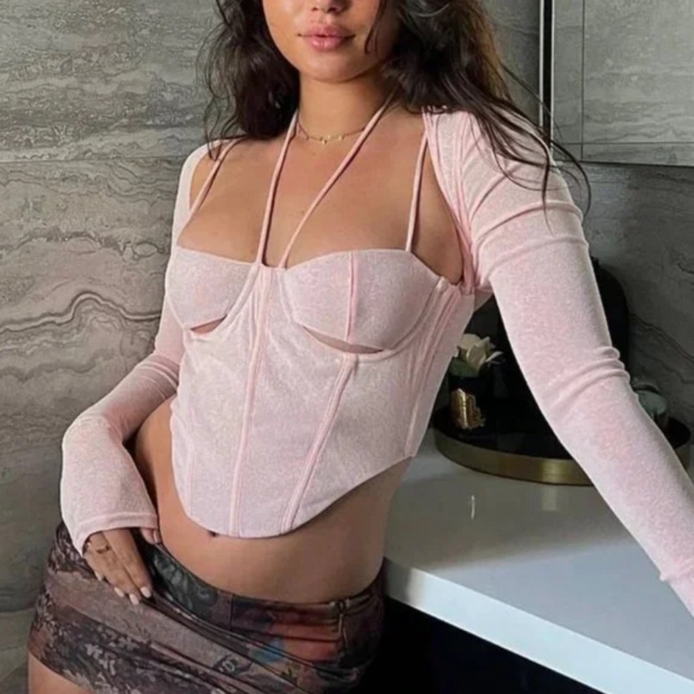 NWT White Fox Boutique Light Pink Corset Crop Top with Bolero Sleeves